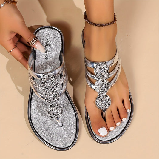 Enid | Women's Rhinestone T-Strap Flat Sandals in Silver