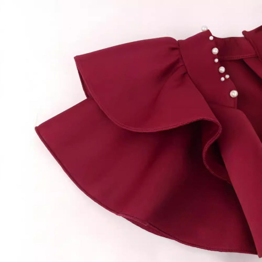 Enid | Women's Bodycon Voluminous Ruffle Elegant Dress in Wine Red