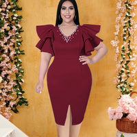 Enid | Women's Bodycon Voluminous Ruffle Elegant Dress in Wine Red