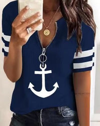 Enora | Women's Zip Short Sleeve Sweater in Marine Blue