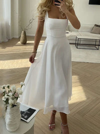 Enora | Women's A-Line Square Neck Wedding Guest Midi Dress in White