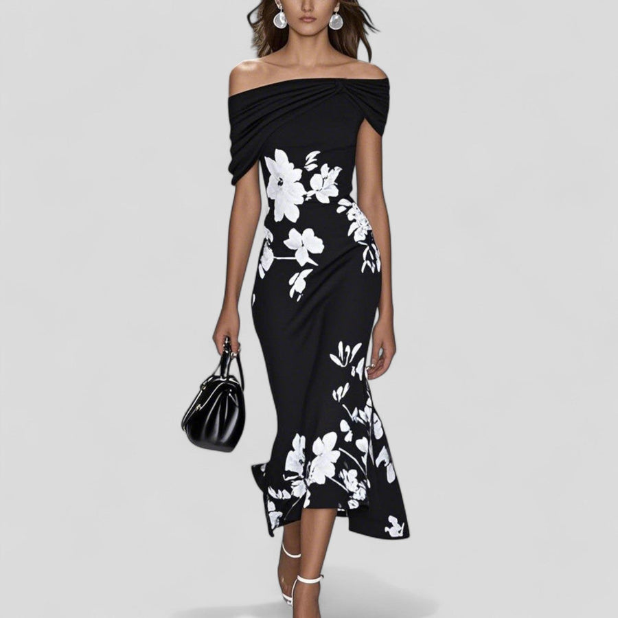 Eostre | Women's Bodycon Floral Wedding Guest Midi Dress in Black