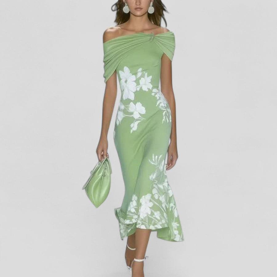 Eostre | Women's Bodycon Floral Wedding Guest Midi Dress in Green