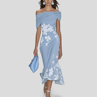 Eostre | Women's Bodycon Floral Wedding Guest Midi Dress in Light Blue