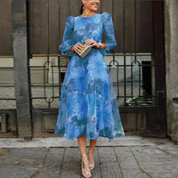 Erendira | Women's Long Sleeve Floral Wedding Guest Midi Dress in Blue