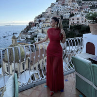 Erendira | Women's Stand Collar Ruched Fashionable Maxi Dress in Red