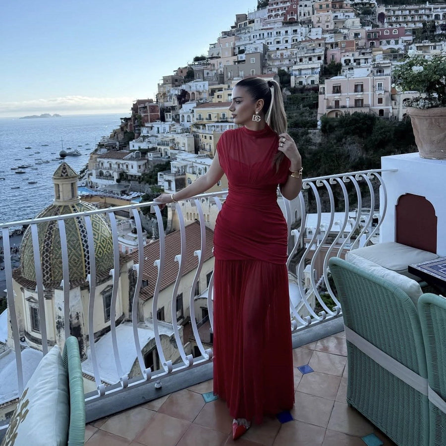 Erendira | Women's Stand Collar Ruched Fashionable Maxi Dress in Red