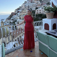 Erendira | Women's Stand Collar Ruched Fashionable Maxi Dress in Red