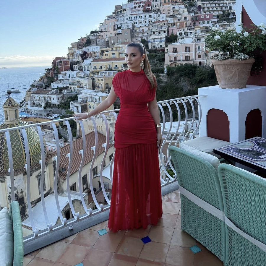 Erendira | Women's Stand Collar Ruched Fashionable Maxi Dress in Red