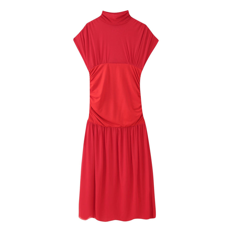 Erendira | Women's Stand Collar Ruched Fashionable Maxi Dress in Red