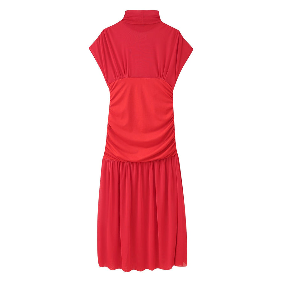 Erendira | Women's Stand Collar Ruched Fashionable Maxi Dress in Red