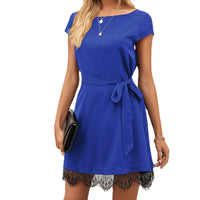 Erenica | Women's Lace Trim Waist Belt Belted Dress in Royal Blue