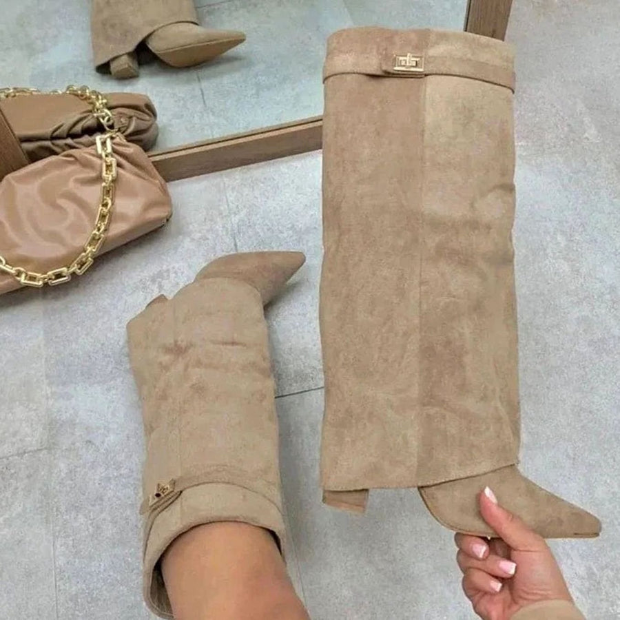 Erica | Women's Suede Knee-High Buckle Strap Thigh-High Boots in Apricot Plush