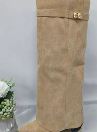 Erica | Women's Suede Knee-High Buckle Strap Thigh-High Boots in Apricot
