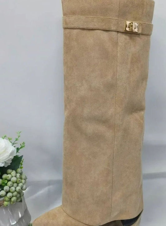 Erica | Women's Suede Knee-High Buckle Strap Thigh-High Boots in Apricot