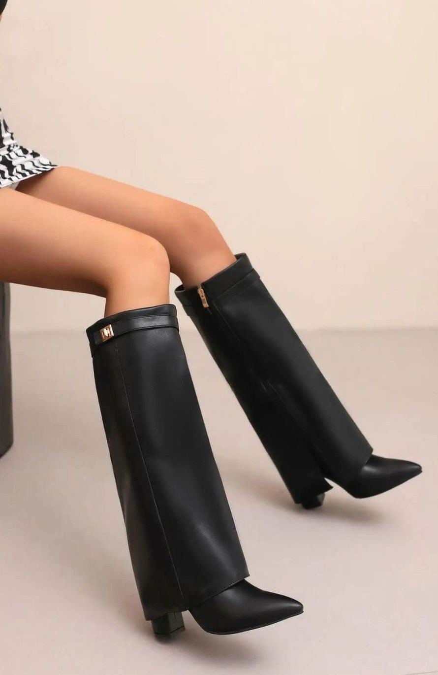 Erica | Women's Suede Knee-High Buckle Strap Thigh-High Boots in Black Plush