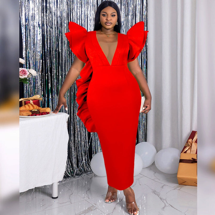 Erica | Women's V-Neck Bodycon Voluminous Ruffle Dress