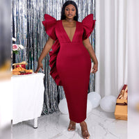 Erica | Women's V-Neck Bodycon Voluminous Ruffle Dress in Red