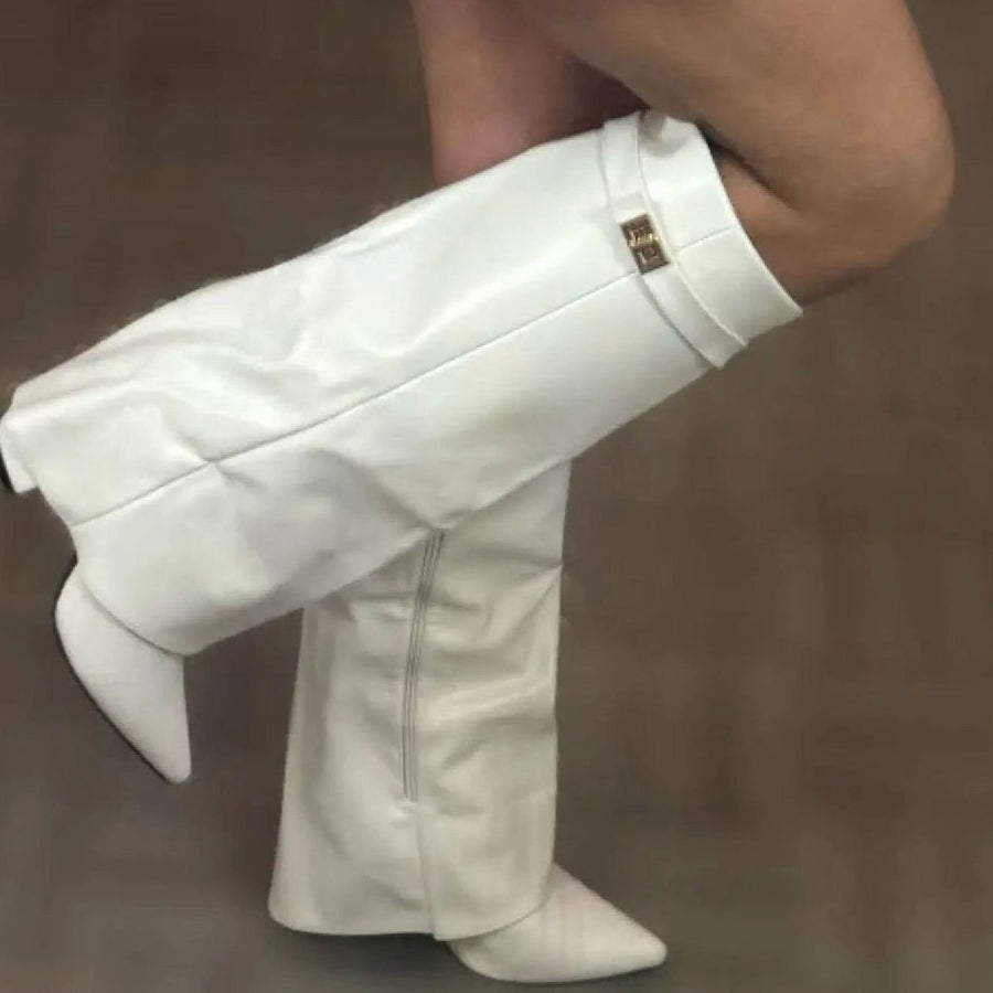 Erica | Women's Suede Knee-High Buckle Strap Thigh-High Boots in White