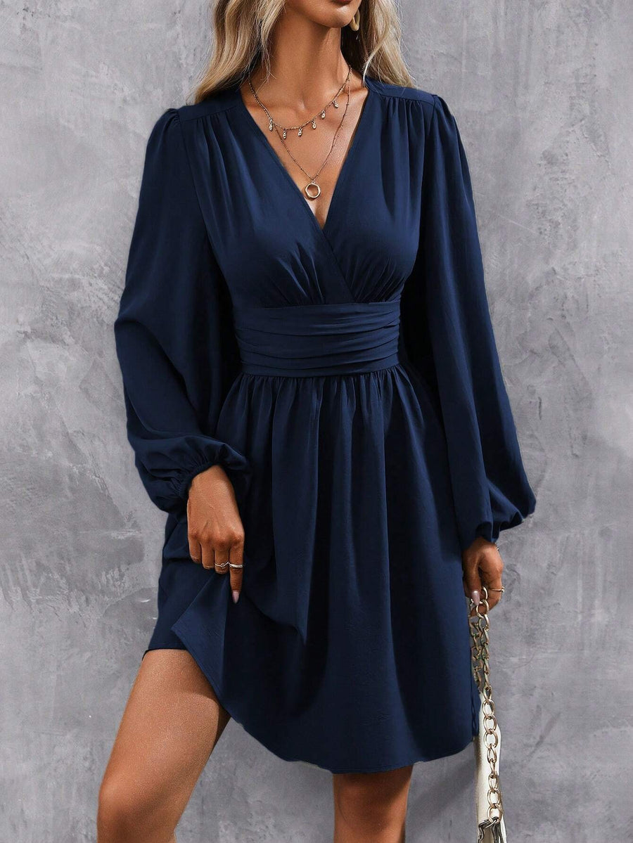 Ermelinda | Women's Puff Sleeve Elegant Wrap Dress in Dark Blue