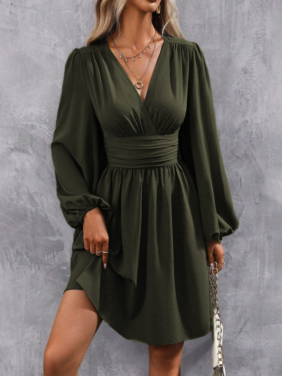 Ermelinda | Women's Puff Sleeve Elegant Wrap Dress in Olive Green