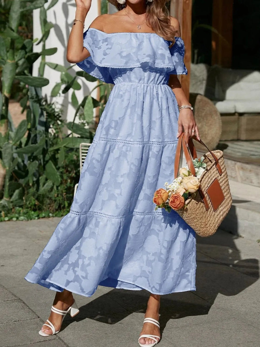 Ermengarde | Women's Off-Shoulder Tiered Wedding Guest Midi Dress in Light Blue