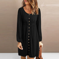 Ermentrude | Women's Elastic Waist Button-Front Dress – Casual Dress in Black
