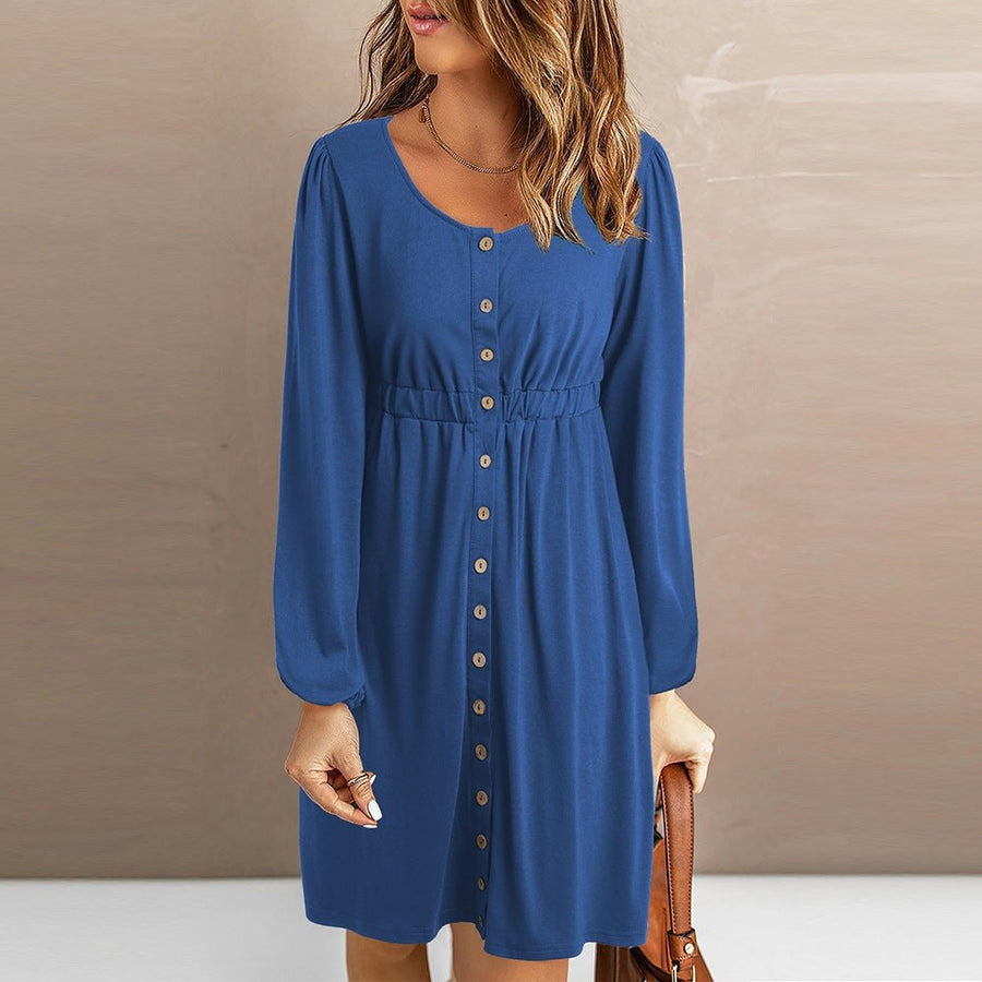 Ermentrude | Women's Elastic Waist Button-Front Dress – Casual Dress in Dark Blue