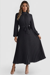 Esclarmonde | Women's Pleated Mock Neck Wedding Guest Midi Dress in Black