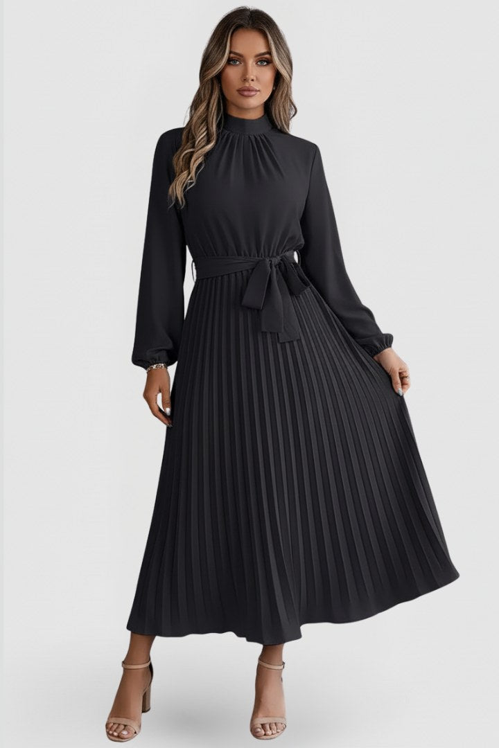 Esclarmonde | Women's Pleated Mock Neck Wedding Guest Midi Dress in Black