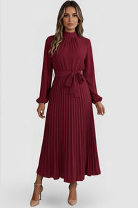 Esclarmonde | Women's Pleated Mock Neck Wedding Guest Midi Dress in Burgundy