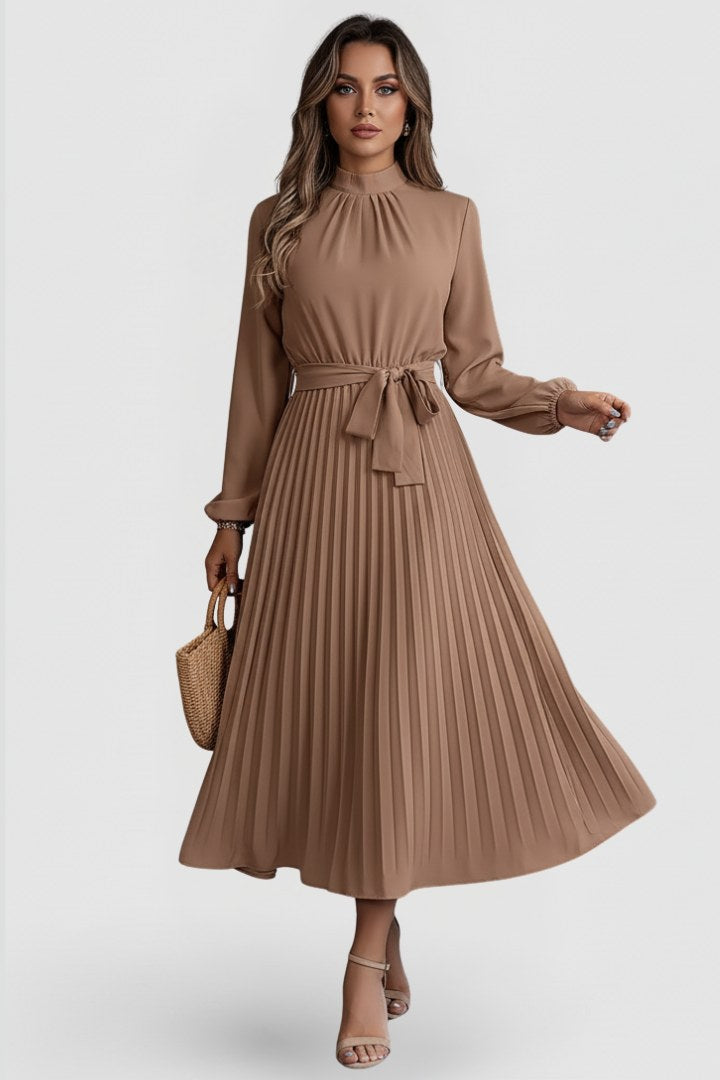 Esclarmonde | Women's Pleated Mock Neck Wedding Guest Midi Dress in Khaki