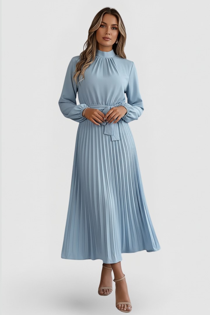 Esclarmonde | Women's Pleated Mock Neck Wedding Guest Midi Dress in Light Blue