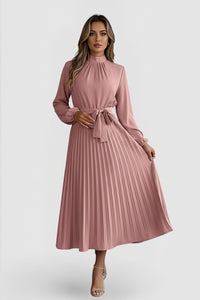 Esclarmonde | Women's Pleated Mock Neck Wedding Guest Midi Dress in Pink