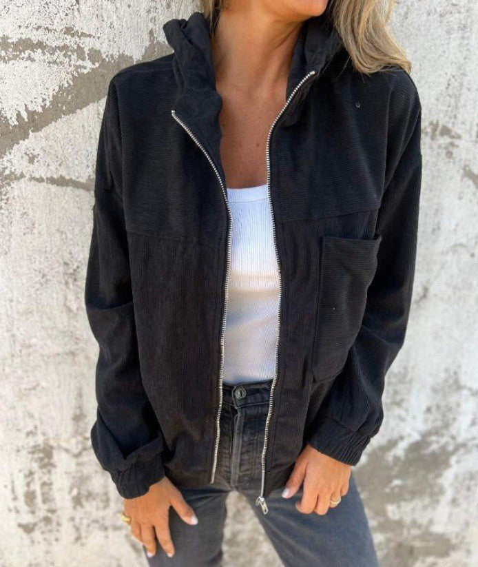 Esme | Women's Zip Corduroy Casual Modern Jacket in Black