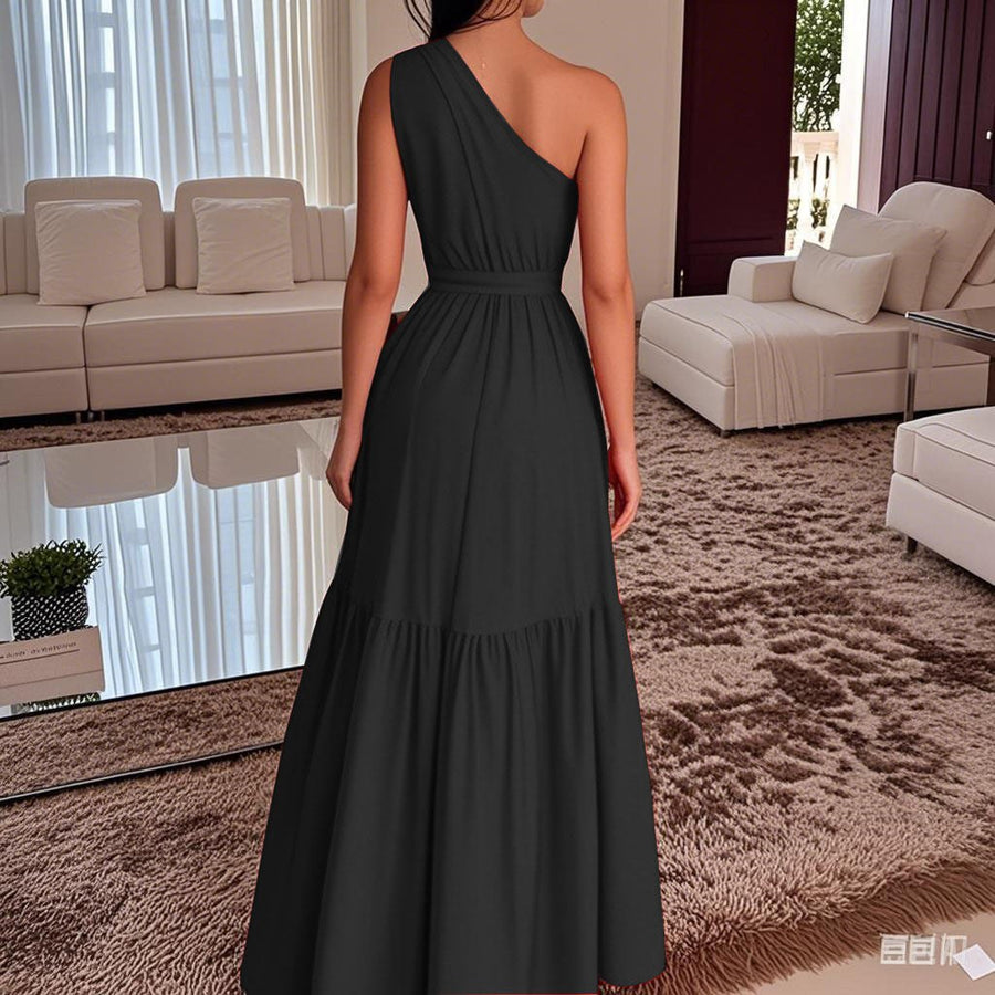 Esmeralda | Women's Waist Belt Asymmetric Belted Elegant Maxi Dress in Black