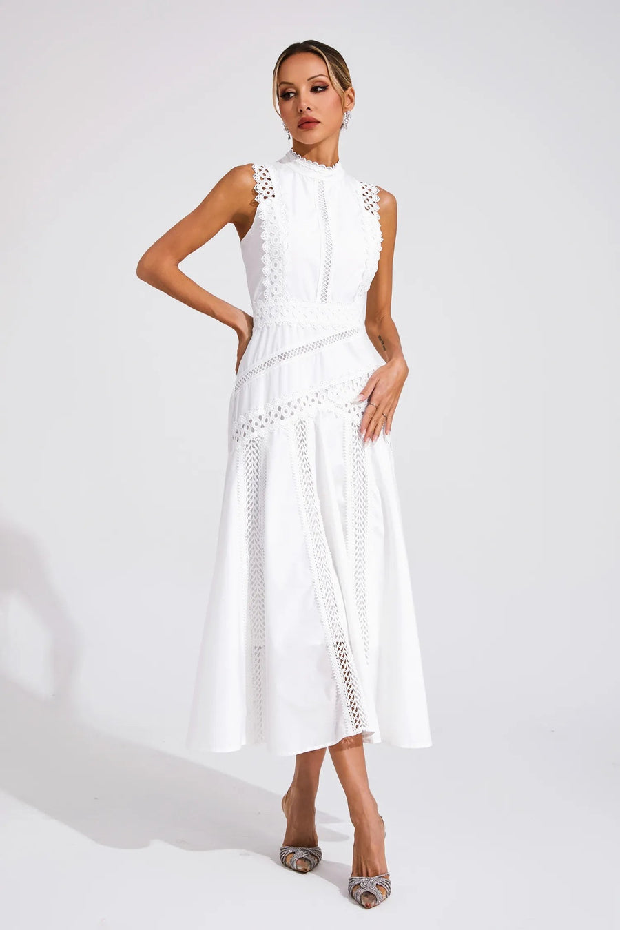 Esmeralda | Women's Sleeveless Lace Wedding Guest Midi Dress in White