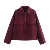 Esperanza | Women's Pockets Fleece Casual Modern Jacket in Bordeaux Red