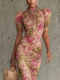 Estelle | Women's High Neck Puff Sleeve Floral Maxi Dress