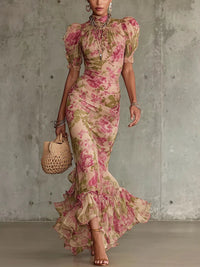 Estelle | Women's High Neck Puff Sleeve Floral Maxi Dress in Beige