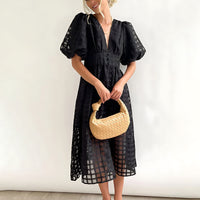 Estrella | Women's V-Neck Wrap Wedding Guest Midi Dress in Black