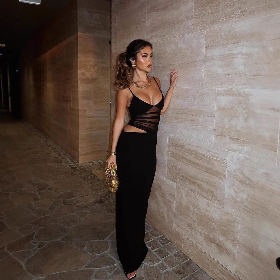 Estrella | Women's Asymmetric Elegant Maxi Dress in Black