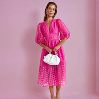 Estrella | Women's V-Neck Wrap Wedding Guest Midi Dress in Dark Pink