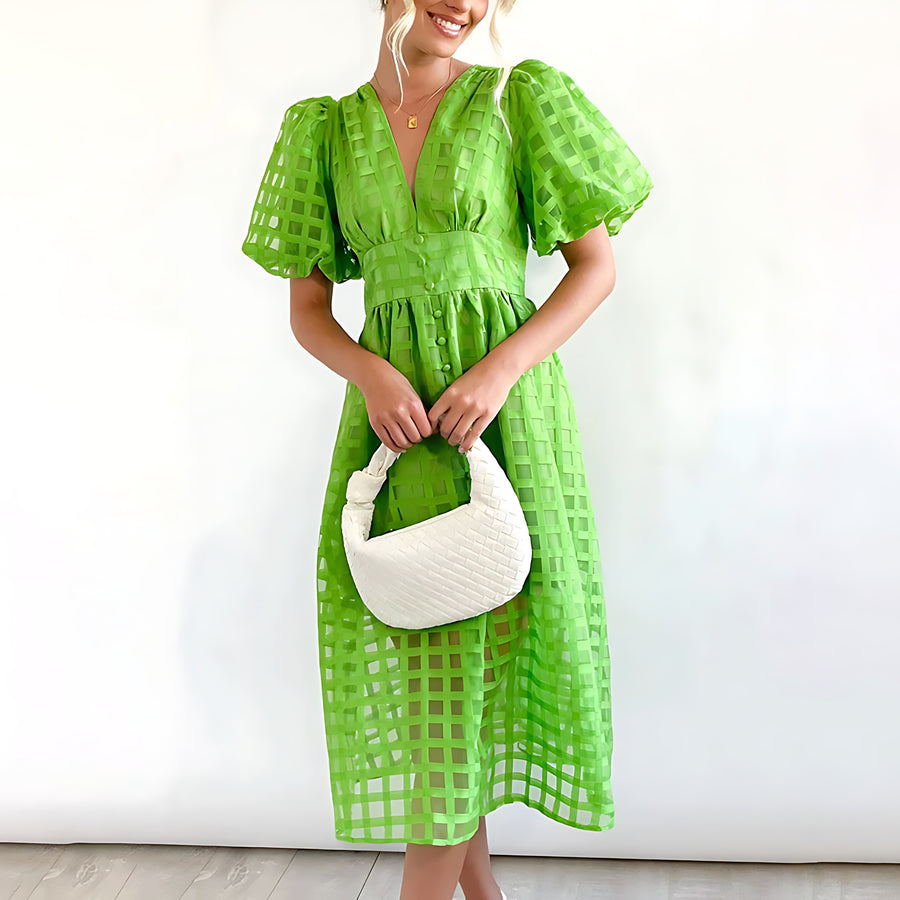 Estrella | Women's V-Neck Wrap Wedding Guest Midi Dress in Green