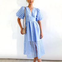 Estrella | Women's V-Neck Wrap Wedding Guest Midi Dress in Light Blue