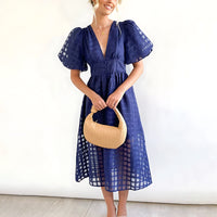 Estrella | Women's V-Neck Wrap Wedding Guest Midi Dress in Navy Blue