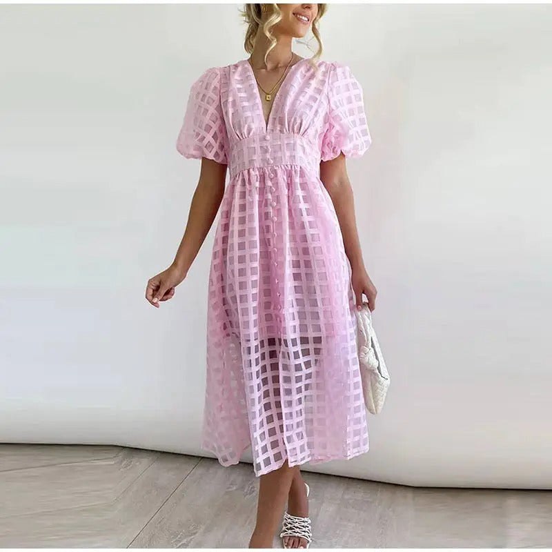 Estrella | Women's V-Neck Wrap Wedding Guest Midi Dress in Pink