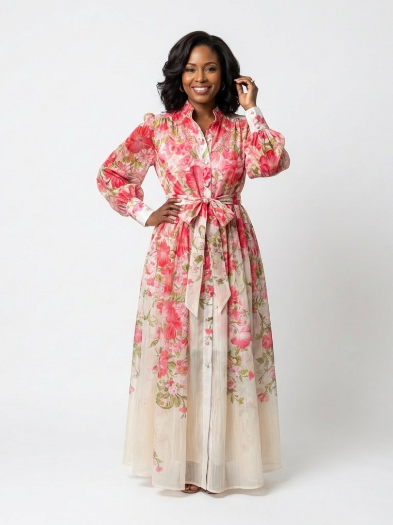 Etheldred | Women's Long Sleeve Floral Maxi Dress in Red