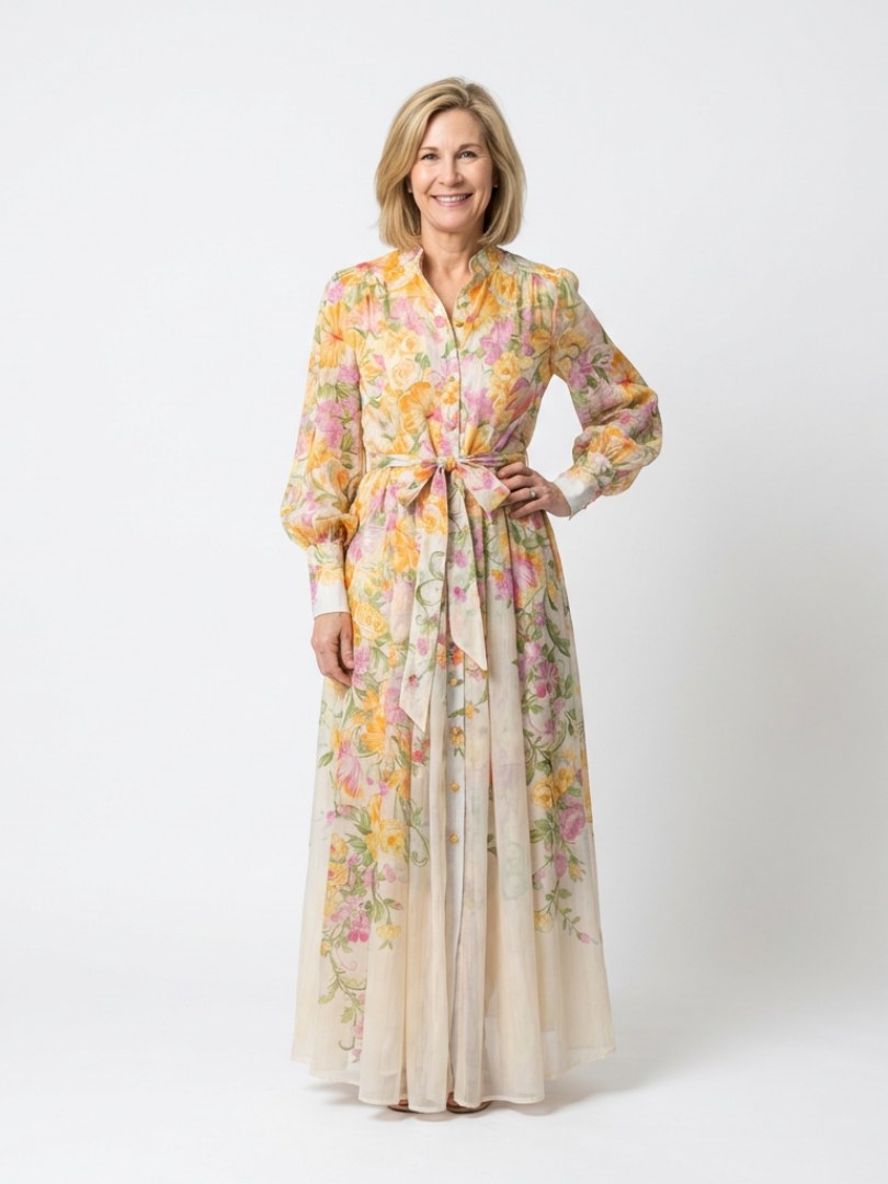 Etheldred | Women's Long Sleeve Floral Maxi Dress in Yellow
