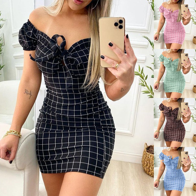Eudora | Women's Ruffle Detail Bodycon Plaid Mini Dress
